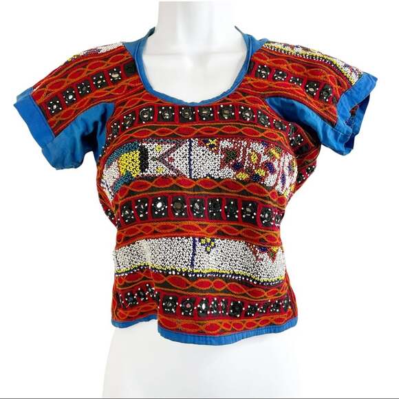 Tops - VINTAGE CHOLI Crop top Handmade India BellyDancer Mirror Sequin Banjara Fest